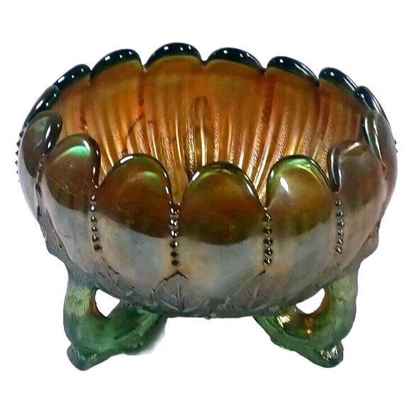 Vintage Northwood Aqua Opal Carnival Glass Leaf & Beads Footed Rose Bowl - Picture 2 of 16